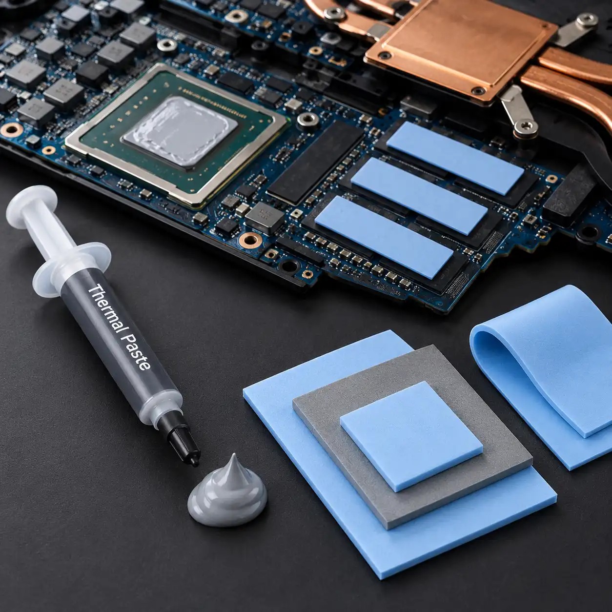 Thermal paste and thermal pads shown beside laptop cooling components and a processor.
